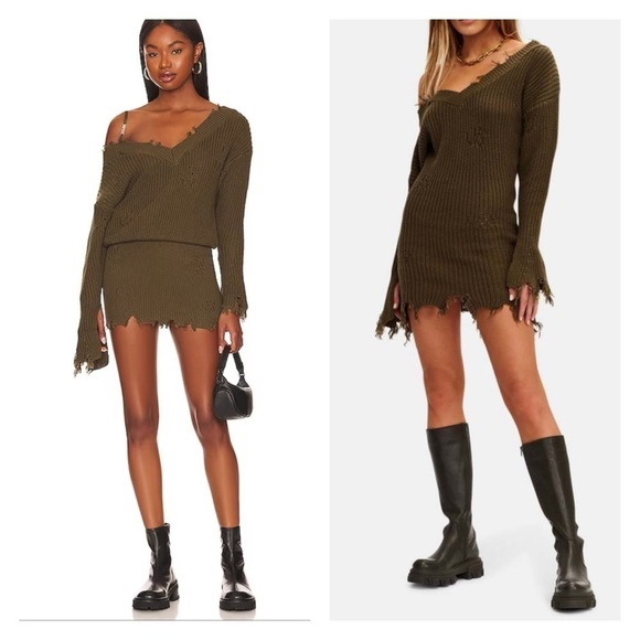 SER.O.YA x Revolve Maude Army Green Long Sleeve Bodycon Distressed sweater dress - Picture 3 of 10